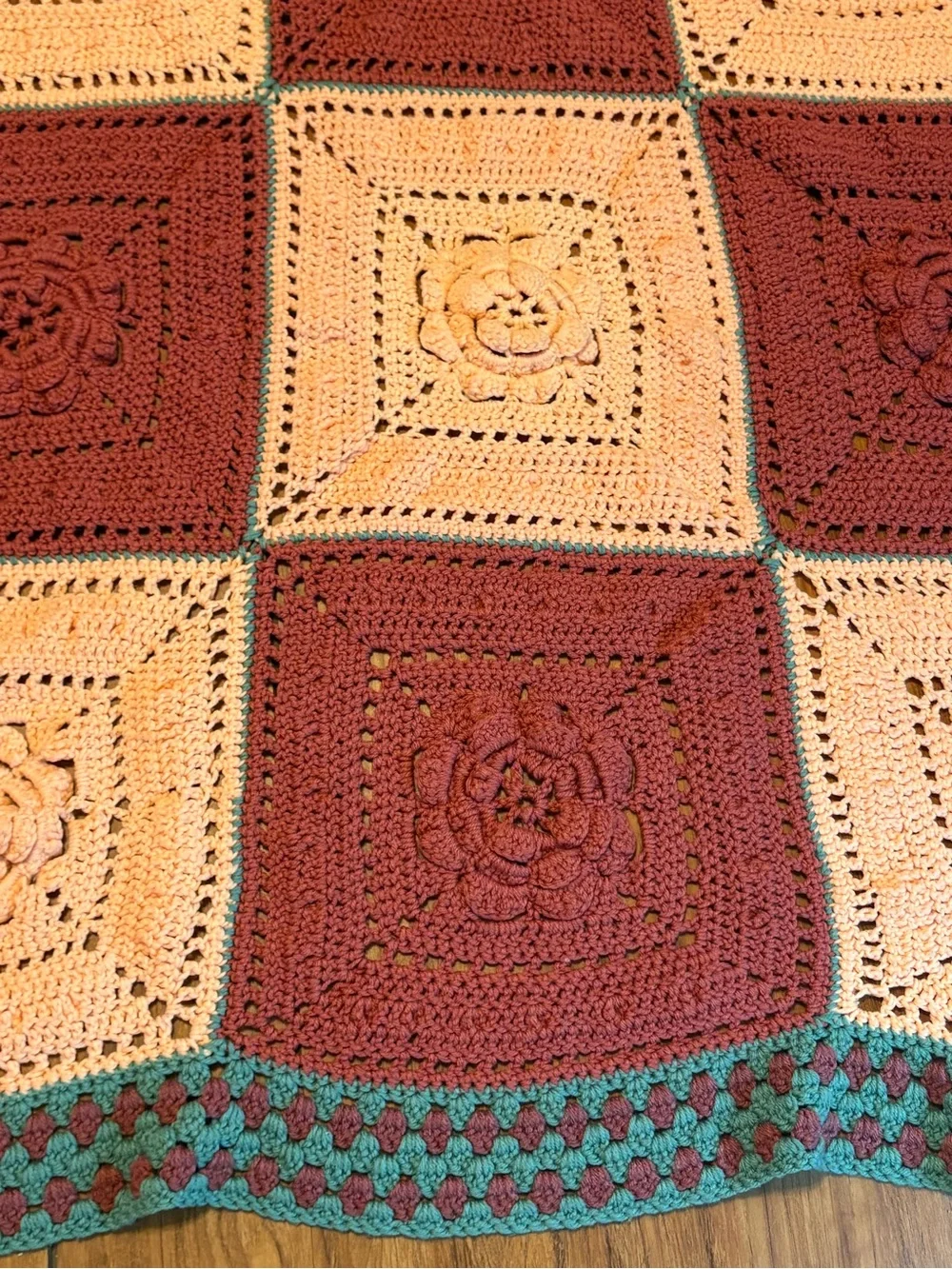 Vtg Granny Afghan Blanket 3D Flower Power Handmade Crochet 49X47” Cottagecore
